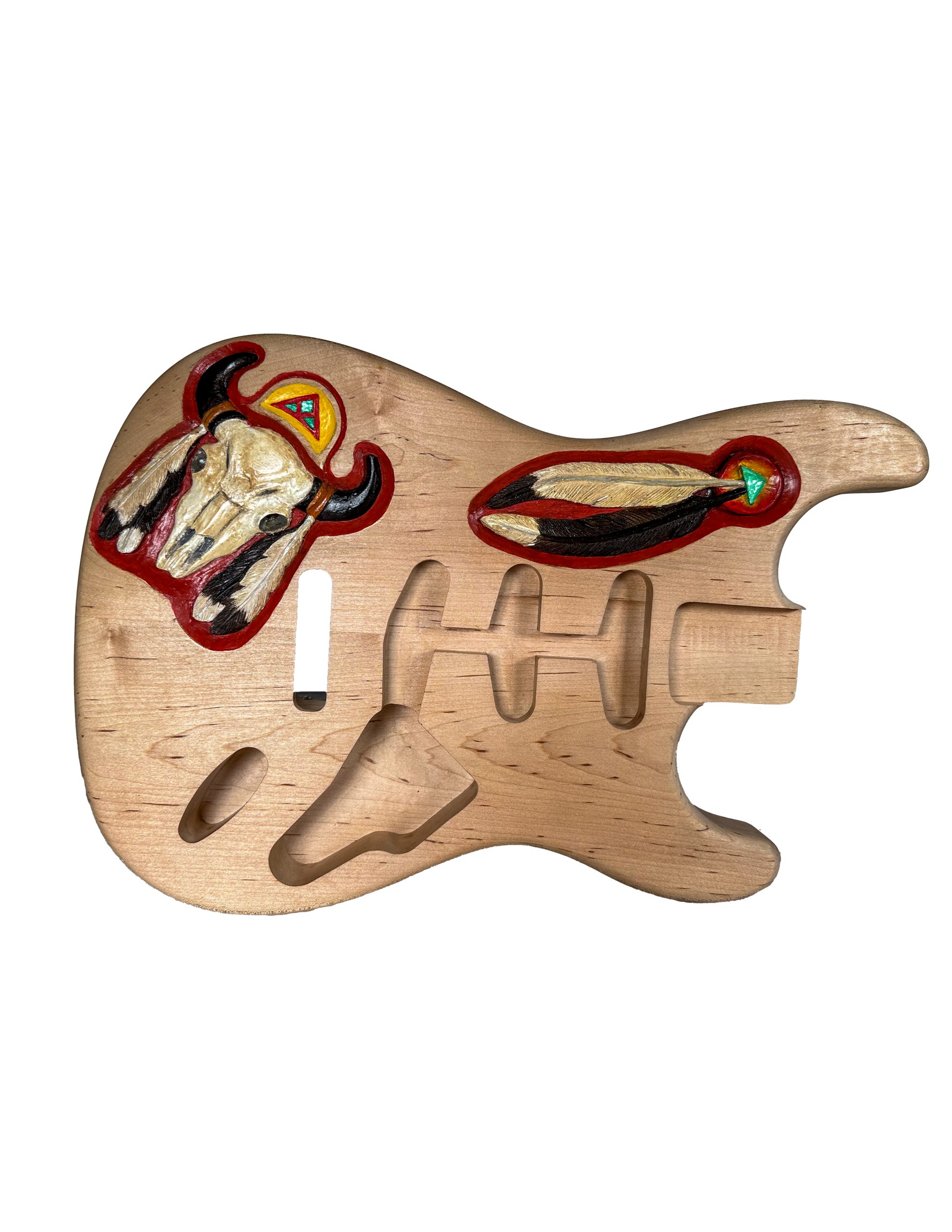 Custom Maple Stratocaster Body - Montana Carvings - Cow Skull, Two Feathers
